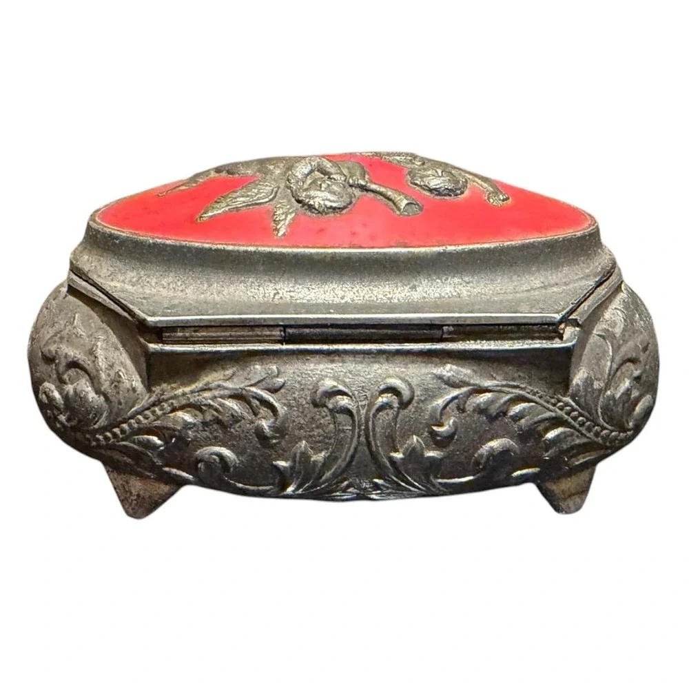 VTG Silver Tone Red Velvet Lined Metal Footed Cherub Jewelry Trinket Box Japan